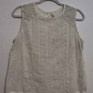 Tiny Embroidered Lace Sleeveless Tank Blouse Cream Gold Womens M